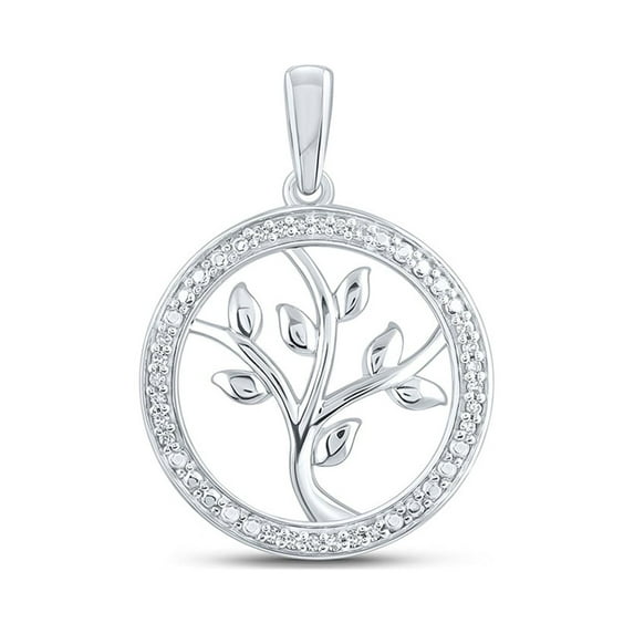 Sterling Silver Womens Round Diamond Tree of Life Circle Pendant 1/12 Cttw