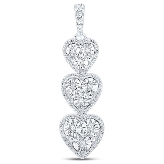 Sterling Silver Womens Round Diamond Triple Heart Pendant 1/20 Cttw
