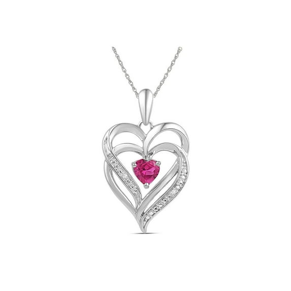 Sterling Silver Womens Round Lab-Created Pink Sapphire Double Heart Pendant 3/4 Cttw