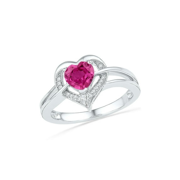 Sterling Silver Womens Round Lab-Created Pink Sapphire Heart Diamond Ring 1 Cttw