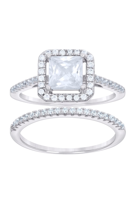Sterling Silver Womens Round Princess-Cut Cubic-Zirconia Octagon Head Duo Bridal Anniversary Wedding Engagement Band Ring Set Size 8