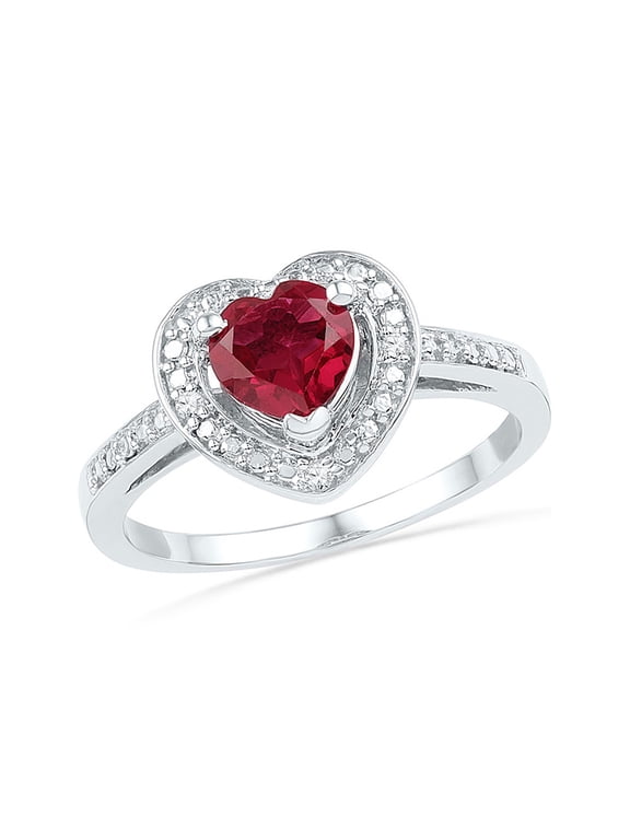 Sterling Silver Womens Round Synthetic Ruby Heart Diamond Ring 1 Cttw