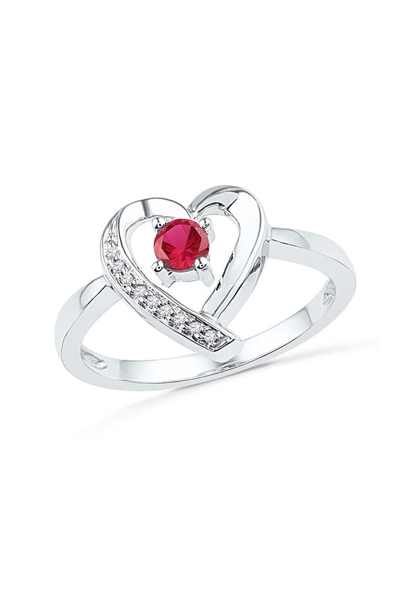 Sterling Silver Womens Round Synthetic Ruby Solitaire Diamond Heart Ring 1/4 Cttw