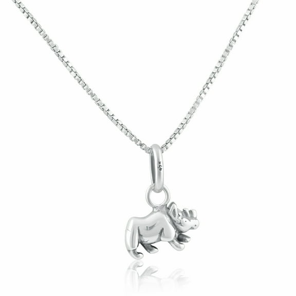 Sterling Silver Womens Small Rhino Animal Rhinoceros Charm Necklace