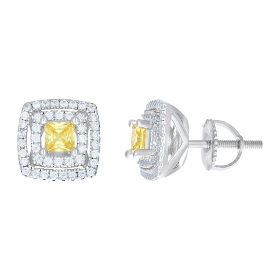 Sterling Silver Womens Yellow White Princess-Cut Round Cubic-Zirconia Square Stud Earrings