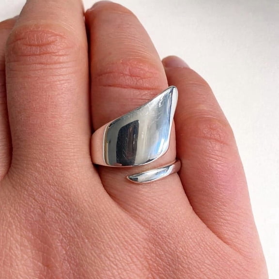 Sterling Silver Wrap Ring - Adjustable Wide Band Geometric Design | Handmade Jewelry