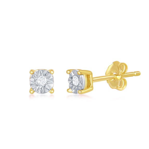 Sterling Silver Yellow Gold Plated 4MM with Center Genuine 0.5tcw Diamond Accent Stud Earrings