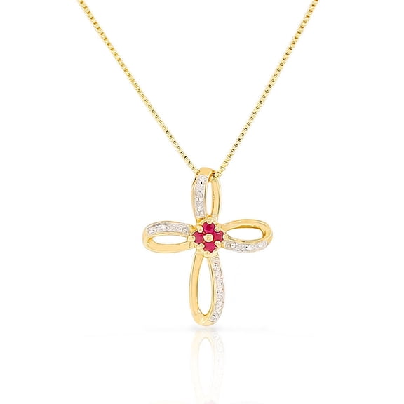 Sterling Silver Yellow Gold-Tone Genuine Red Ruby Cross Necklace