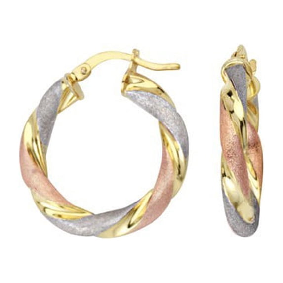 Sterling Silver Yellow Rose and Rhodium Plated Tri Color Twisted Hoop Earrings - 2.1 Grams