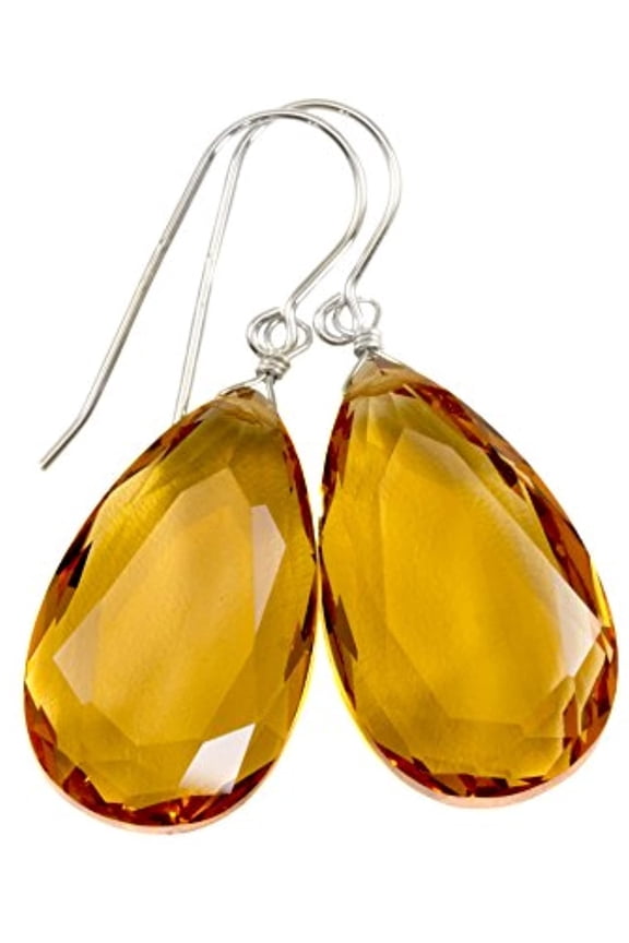 Sterling Silver Yellow Simulated Citrine Earrings Faceted Large Pear Teardrops Simple Briolette Dangle Drops Designed for Adult Women