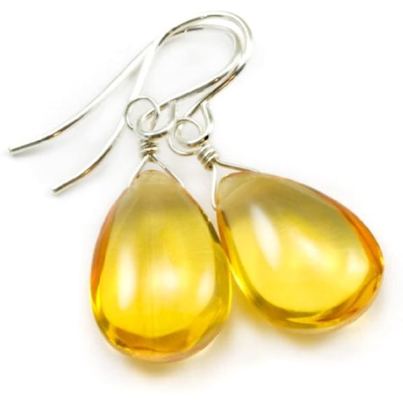 Sterling Silver Yellow Simulated Citrine Earrings Smooth Pear Bright Teardrops Simple Briolettes Designed for Adult Women