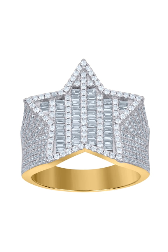 Sterling Silver Yellow-Tone Mens Baguette Cubic-Zirconia Star Pinky Bridal Anniversary Wedding Engagement Band Ring Sizes 12