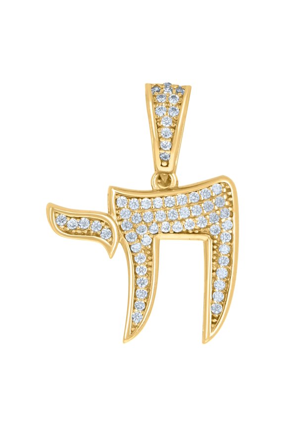 Sterling Silver Yellow-Tone Mens Cubic-Zirconia Chai Symbols Charm Pendant