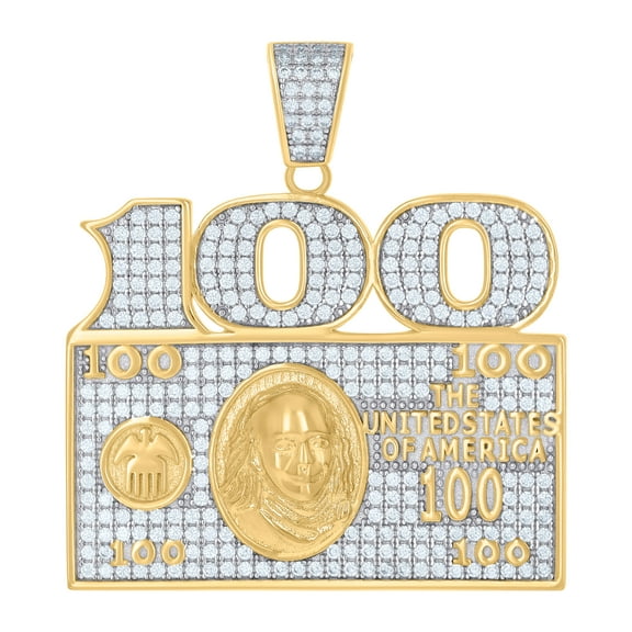 Sterling Silver Yellow-tone Mens Cubic-Zirconia 100 Dollar Bill Currency Fashion Charm Pendant