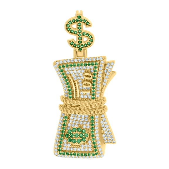 Sterling Silver Yellow-tone Mens Green White Cubic-Zirconia 100 Dollar Bill Currency Fashion Charm Pendant