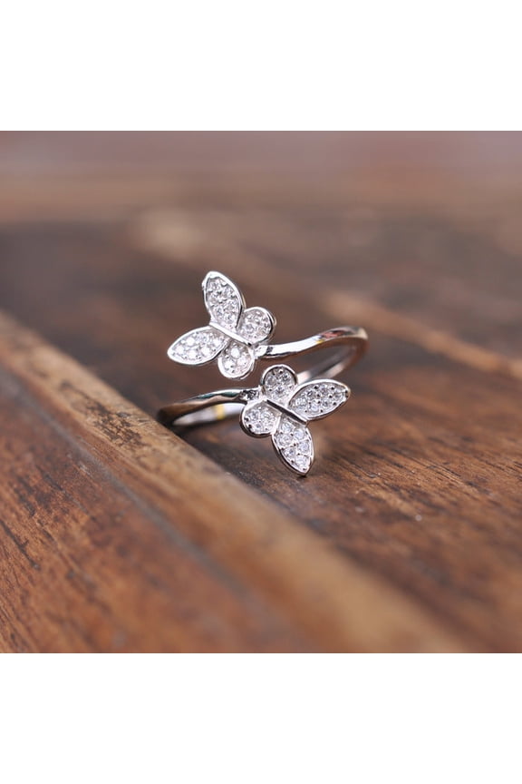 Sterling Silver Zircon Double Butterfly Ring For Women Korean Bowknot Style 925 Gemstone Ornament Gift Sparkling Stones