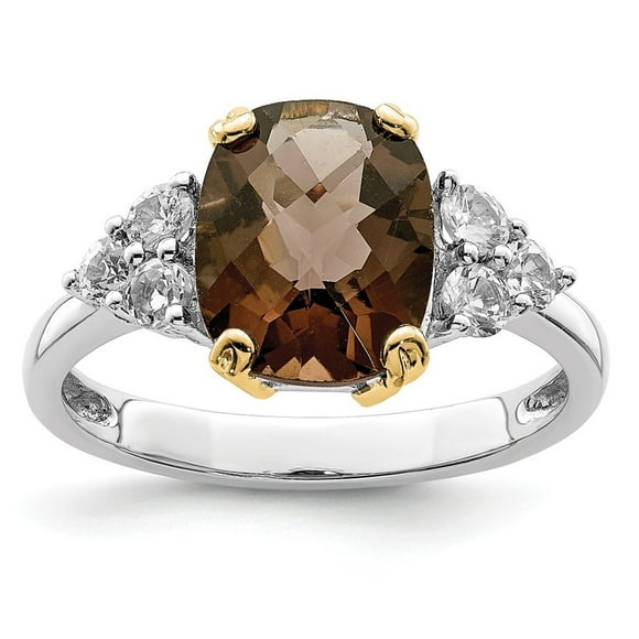 Sterling Silver and 14K Smokey Quartz and White Topaz Ring - 3.39 cwt - Measures 3x8mm - Size 6