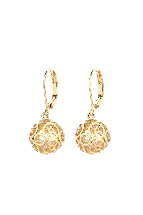 14K Gold Plated Filigree Ball Leverback Drop Earrings