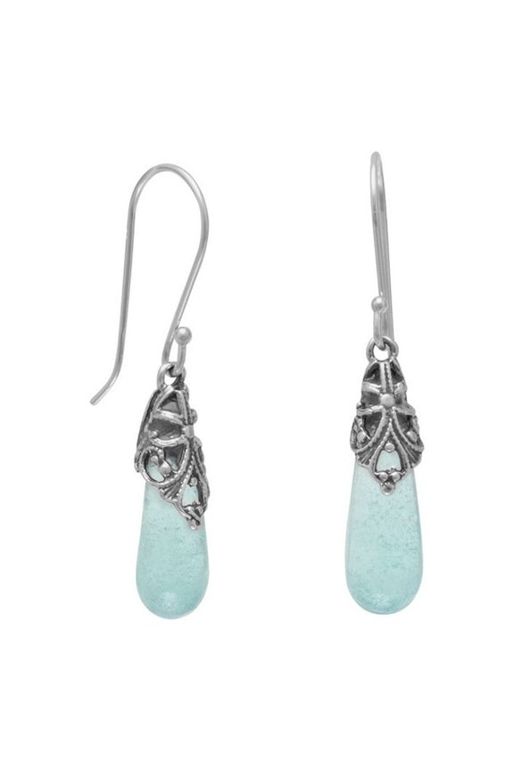 Sterling Silver and Ancient Roman Glass Drop French Wire Earrings Measuress 7mm X 38mm