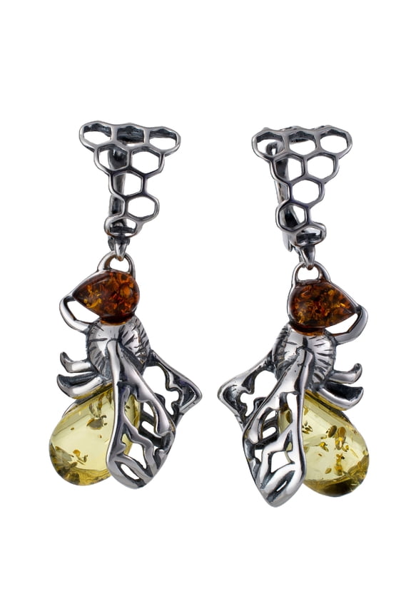 Sterling Silver and Baltic Amber English Lock Bumblebee Earrings