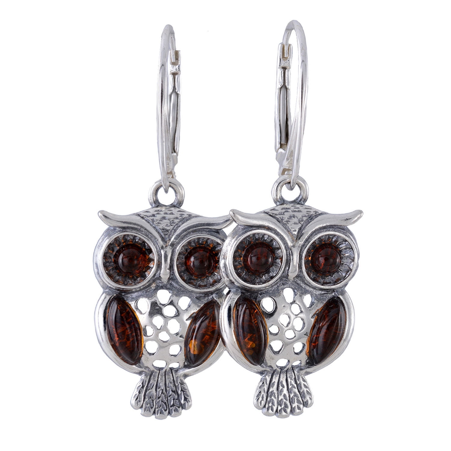 Baltic Amber Owl Drop Earrings in Sterling Silver