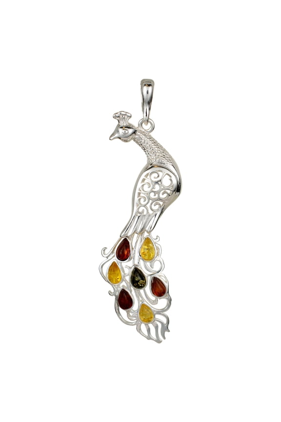 Multicolor Baltic Amber Peacock Pendant in Sterling Silver