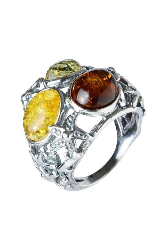 Coral Reef Multicolor Baltic Amber Ring in Sterling Silver