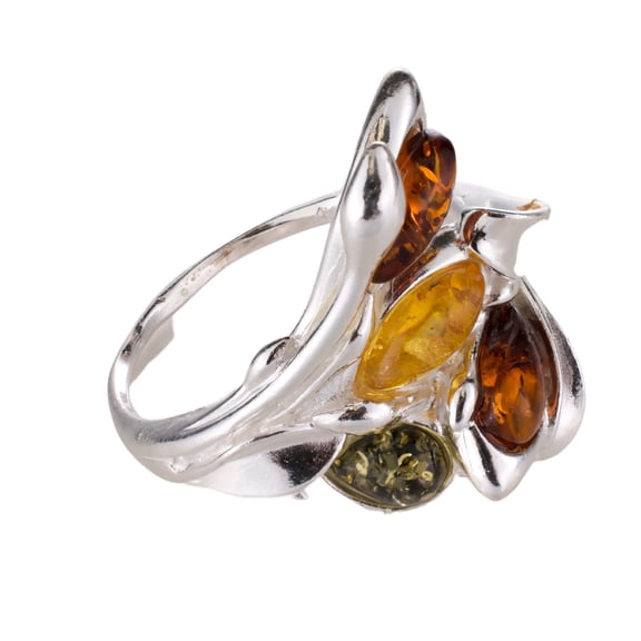 "Layla" Multicolor Baltic Amber Ring in Sterling Silver