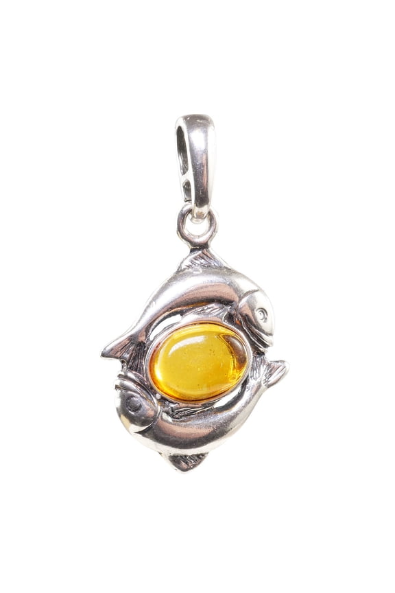 Baltic Amber Zodiac Pisces Pendant in Sterling Silver