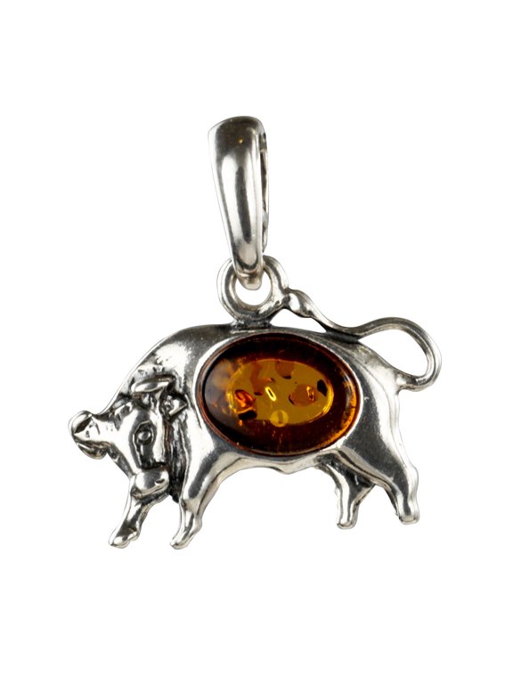 Baltic Amber Zodiac Taurus Pendant in Sterling Silver