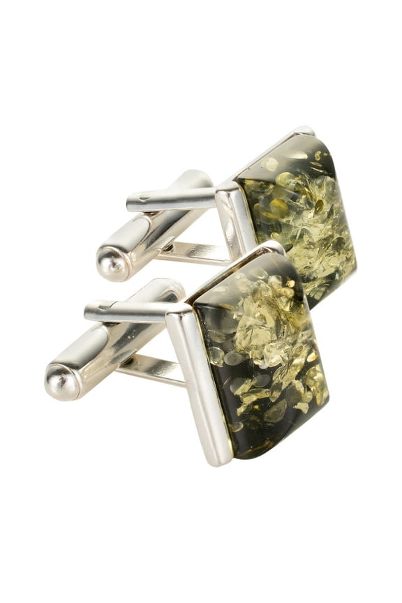 Sterling Silver and Baltic Green Amber Rectangle Cufflinks