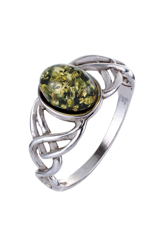 Sterling Silver Green Baltic Amber Celtic Knot Ring – Genuine Natural Amber Jewelry