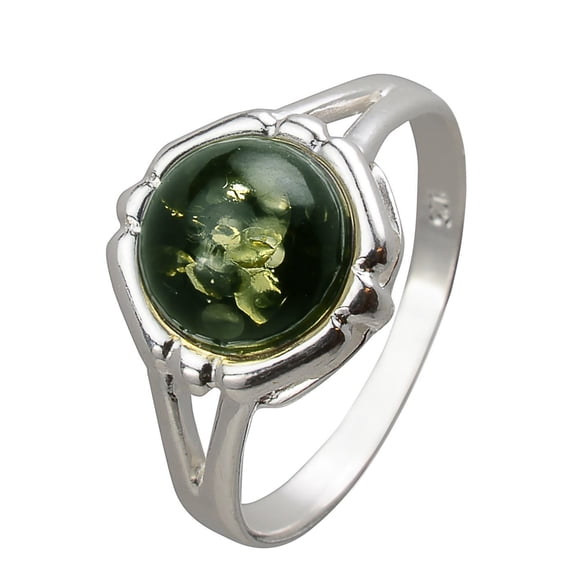 "Clara" Baltic Green Amber Ring in Sterling Silver