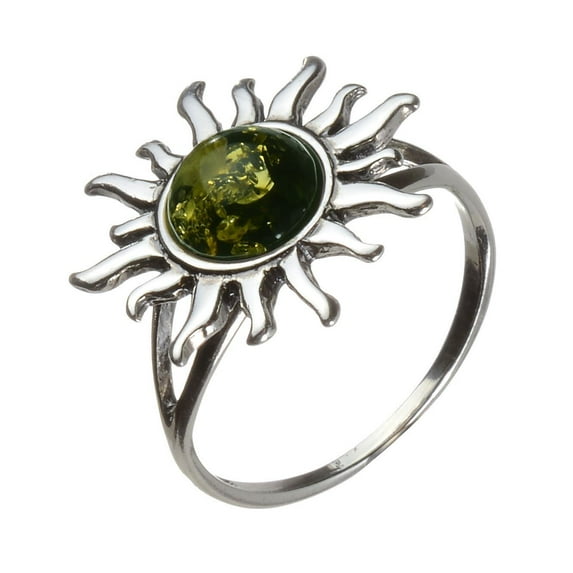 Sterling Silver and Baltic Green Amber Sun Ring