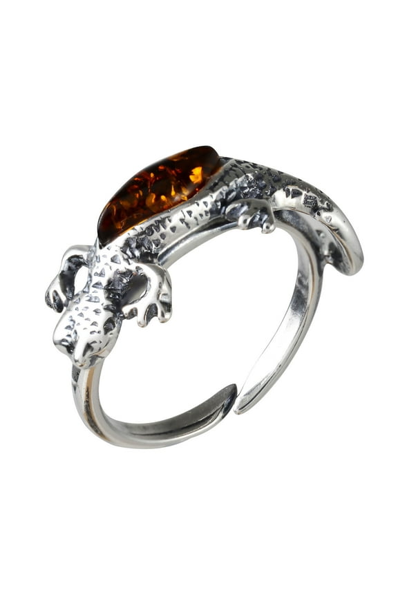 Sterling Silver and Baltic Honey Amber Adjustable Lizard Ring