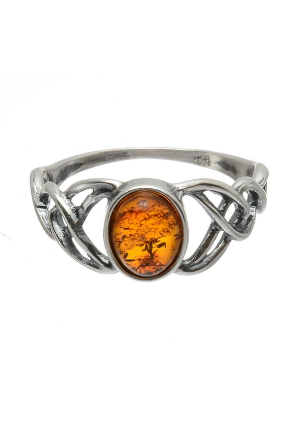 Sterling Silver and Baltic Honey Celtic Amber Ring "Celtic Knots"