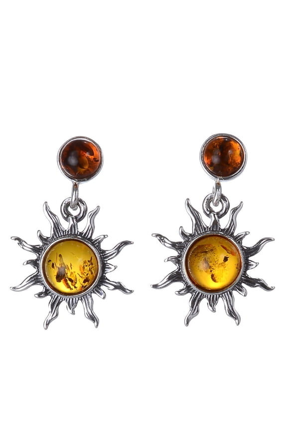 Genuine Baltic Honey Amber Sun Earrings in 925 Sterling Silver - Two-Tone Amber Stud Dangles Post Back