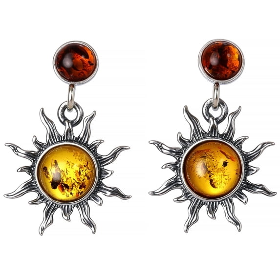 Genuine Baltic Honey Amber Sun Earrings in 925 Sterling Silver - Two-Tone Amber Stud Dangles Post Back