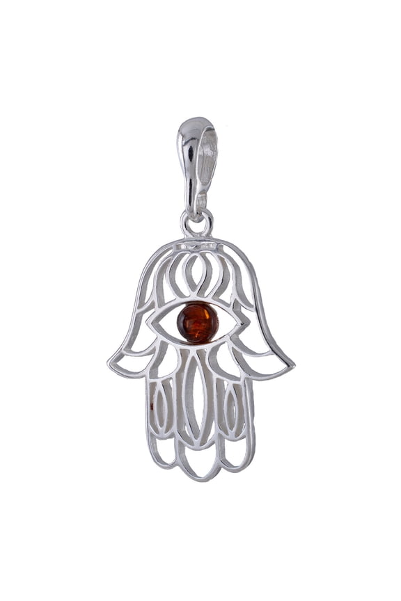 Baltic Honey Amber Hamsa Hand Pendant in Sterling Silver