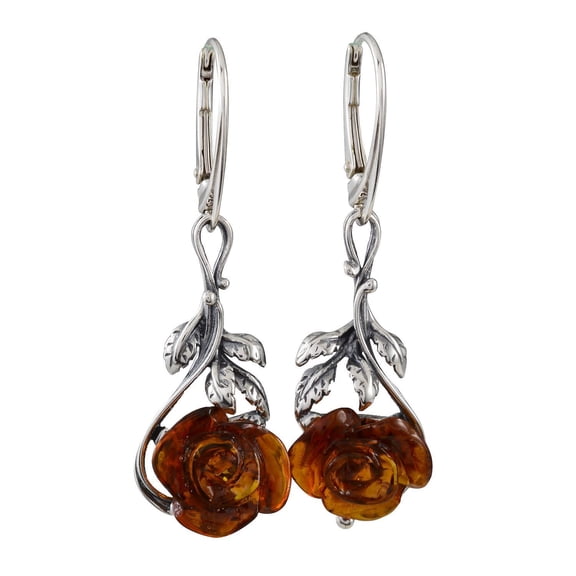 Open Rose Baltic Honey Amber Drop Earrings in Sterling Silver