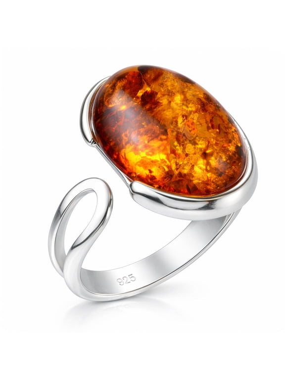 925 Sterling Silver Baltic Honey Amber Oval Adjustable Ring for Women Genuine Polish Amber Jewelry