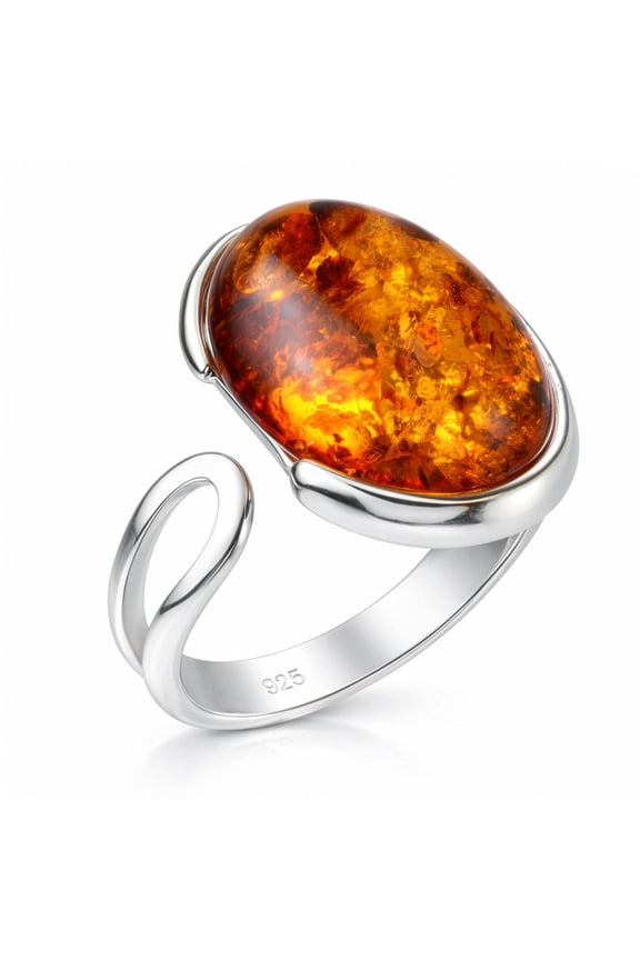 925 Sterling Silver Baltic Honey Amber Oval Adjustable Ring for Women – Genuine Polish Amber Jewelry
