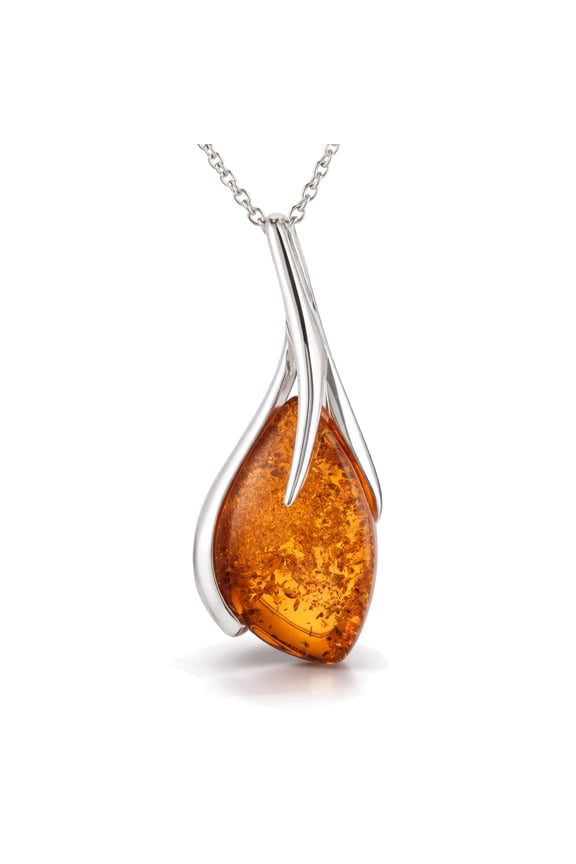 Genuine Baltic Honey Amber Pendant Necklace in 925 Sterling Silver Madison Artisan Leaf Wrap Design with 18 Chain, Natural Amber Jewelry Gift for Women