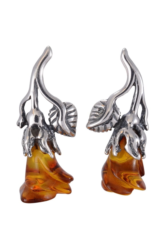 Sterling Silver and Baltic Honey Amber Post Back Earrings "Roses"