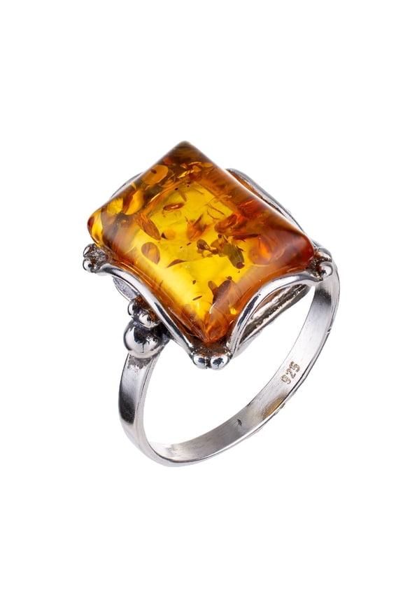 Sterling Silver Rectangle Honey Baltic Amber Ring "Makell"