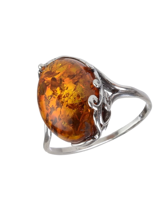 GIA Certified Baltic Honey Amber Ring in 925 Sterling Silver – Genuine Natural Amber Oval Ring for Women