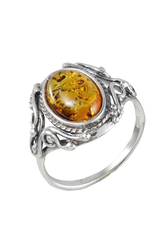 Sterling Silver and Baltic Honey Amber Ring "Georgine", Natural Baltic Amber Jewelry for Women, Handcrafted Amber Ring from Poland