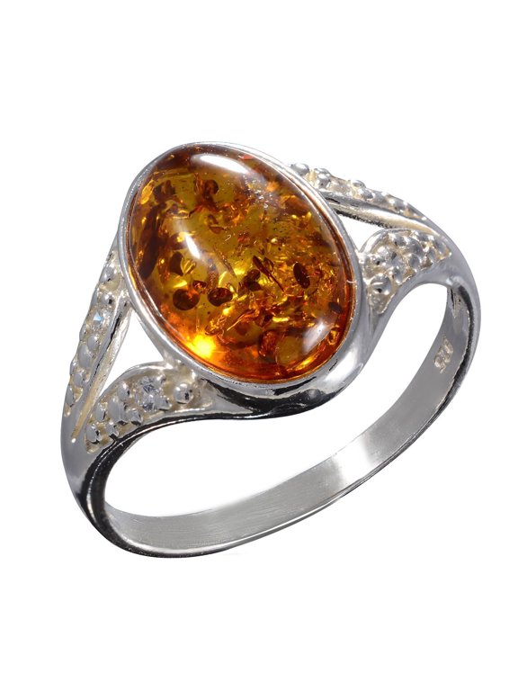 Sterling Silver Baltic Honey Amber Ring - Genuine Natural Amber Jewelry for Women
