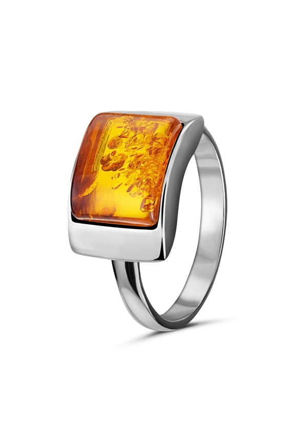 Sterling Silver Baltic Honey Amber Ring for Women - "Sunniva" Rectangular Genuine Amber Cabochon Jewelry