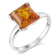 Sterling Silver Baltic Honey Amber Square Ring for Women, Genuine Natural Amber Gemstone Ring, 925 Silver Statement Ring, Elegant Gift for Her